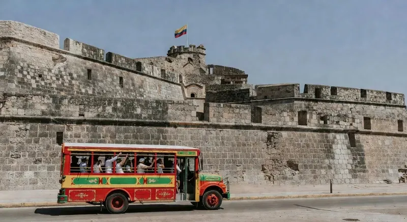 Colourful Chiva bus in front of San Felipe de Barajas Castle on a panoramic Cartagena Colombia city tour excursion