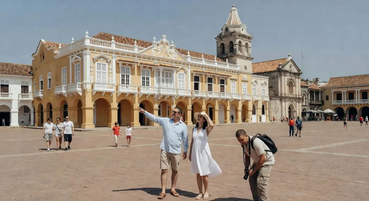 Tourists walking through the historic plaza of the walled city of Cartagena de Indias on a city excursion in Colombia