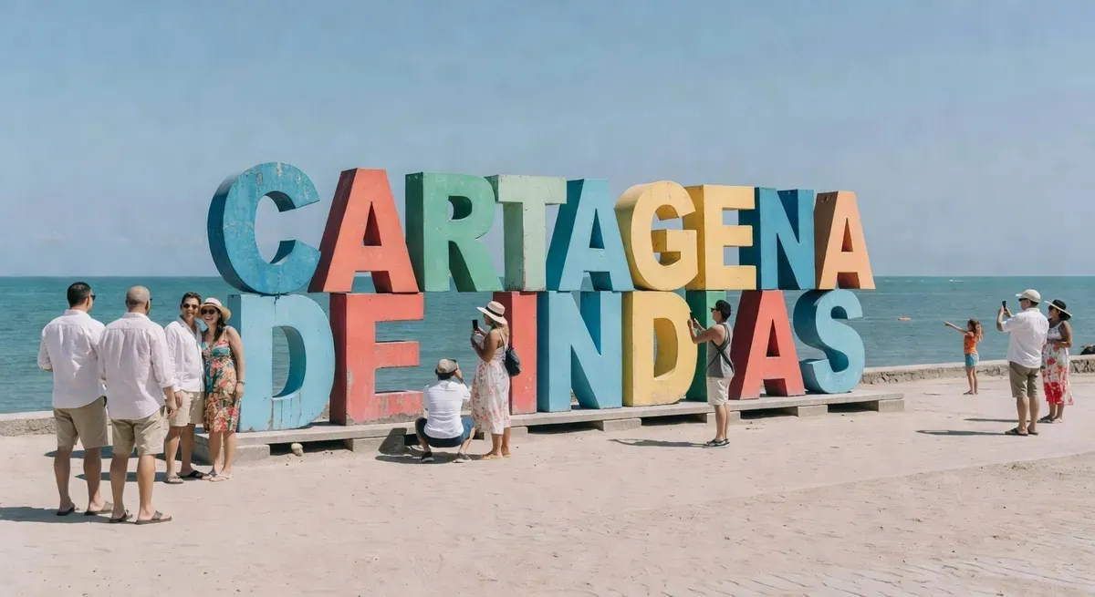 Tourists posing with the iconic Cartagena de Indias letters sign on the beachfront boardwalk — a must-see on any Cartagena Colombia excursion