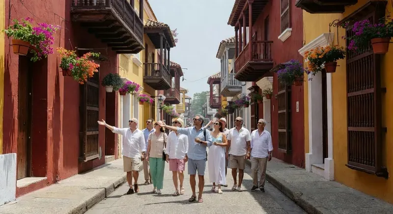 Tourists exploring the colourful colonial streets of the walled city of Cartagena de Indias on a shore excursion in Colombia