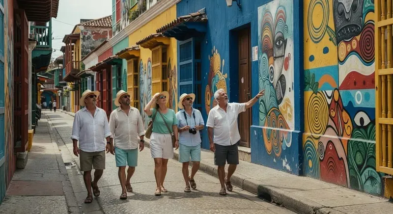 Tour group in front of the iconic I Love Getsemaní mural on a Cartagena Colombia historic center walking excursion