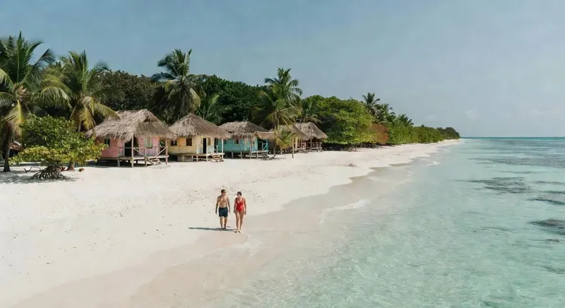 Tourists relaxing at a beach club on the Rosario Islands during a Cartagena Colombia excursion — crystal-clear Caribbean waters
