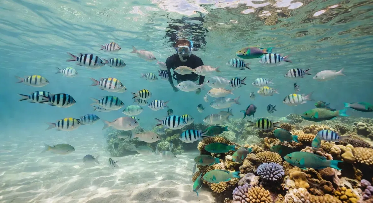 Snorkelers exploring a tropical marine lagoon on a 6-stop Cartagena Colombia excursion to the Rosario Islands